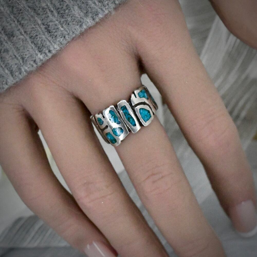 Johnny Pitchlynn Choctaw Sterling Silver Turquoise Inlay Band Ring Size 7 JP